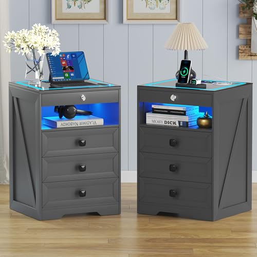 Gurexl Led Nachttisch 2er Set mit Beleuchtung, Smart Nachtschrank mit Ladefunktion, RGB 3 Licht Dimmbar, Intelligent Sideboard mit 4 Schubladen USB Type-C Mit Schloss Schlafzimmer Grau