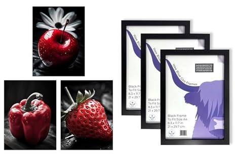 Artery8 Apple Pepper Strawberry Wall Art - Set of 3 A4 Sized Art with Black Frames - Red Black White Photograph Kitchen Décor