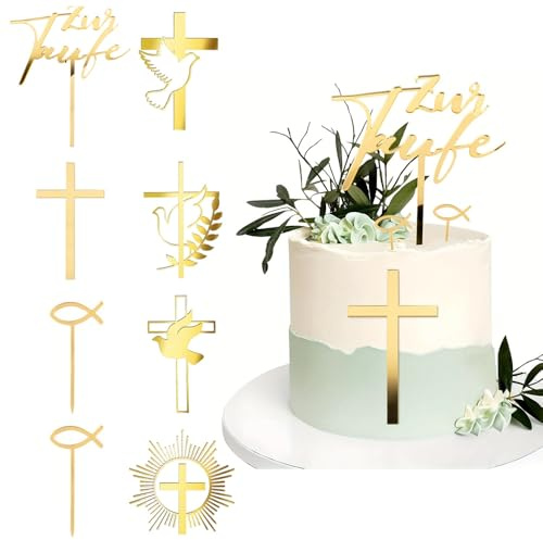 XFSRG 8Pcs Tortendeko Taufe Acryl Gold Tortendeko Kreuz Cake Topper Taufe Fisch Kommunion Cupcake Topper für Babyshower Kuchen Dekoration