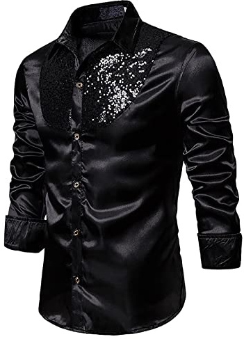 Pailletten Hemd Herren Langarm Party Silvester Fasching Glitzerhemd Metallic Pailettenhemd Disco Outfit Kostüme Männer Karneval Fashion Glitzer Herrenhemd Einfarbig Hemden Herrenhemden Regular Fit