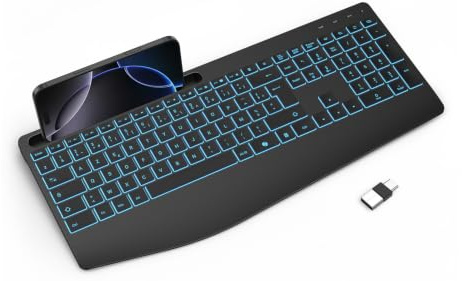 TECURS Clavier sans Fil 2,4 GHz AZERTY Français avec Repose-Poignet, Noir | Rétroéclairage 7 Couleurs, Rechargeable, Ergonomique, Récepteur 2-en-1 USB-A et Type-C, Silencieux, pour Windows PC, Bureau