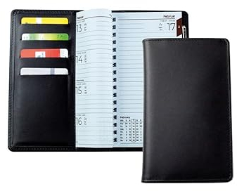 DELMON VARONE - Personalisierbarer Taschenkalender 2025 + 2026 Boxcalf Leder schwarz - Organizer Terminplaner (1 Woche auf 2 Seiten) Lederhülle - Kalender mit Wochenübersicht Spiralbindung Stifthalter