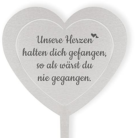 DOLORINO Grabstecker Edelstahl Herz mit Spruch | Unsere Herzen halten Dich gefangen | Grabschmuck | in Liebe für einen geliebte Menschen | eine wetterfeste Erinnerung aus Edelstahl