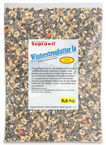 Supravit Winterfutter | Streufutter für Wildvögel 2,5kg | mit Sonnenblumenkerne, Erdnüsse, Hanfsamen, Rosinen & mehr | energiereiches Wildvogelfutter im Winter