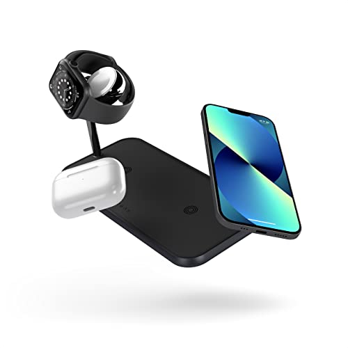 ZENS 3in1 Wireless Charger, Qi and MFi Certified, High Grade Aluminium, Fast Wireless Charging up to 10W, Works with Apple Watch 1/2/3/4/5/6/7/SE and all QI devices, Black, Cable + Adapter included