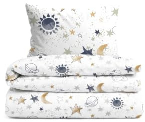 biberna Premium Biber Bettwäsche 100x135 cm weiß | Biber 2-teilig mit Kissenbezug 40x60 cm | 100% Baumwolle | weich, wärmend | Reißverschluss | Kinderbettwäsche | Universum | Modell 0004645