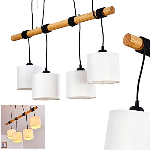 HOFSTEIN Pendelleuchte Sambia, Hängelampe aus Metall/Holz/Textil in Weiß/Natur/Schwarz, 4-flammig, E27, Höhe max. 200 cm, Hängeleuchte mit Holzbalken und Stoff-Schirmen, Esszimmer, Wohnzimmer, Küche