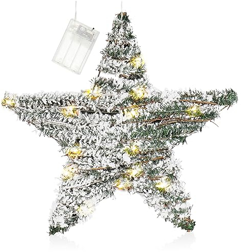 com-four® Künstlicher Weihnachtsstern beschneit mit Beleuchtung und Timer, Stern mit Kunstschnee und 30 warmweißen LEDs, Weihnachtsdeko (01 Stück - Grün - Stern 40cm)