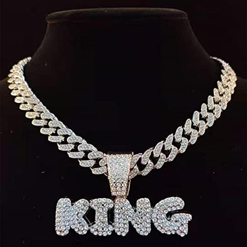 zxcs Men Hip Hop Letters Pendant Necklace with 13mm Miami Cuban Chain Iced Out Bling HipHop Necklaces Male Charm Jewelry-Silver Plated,18inch(45cm)