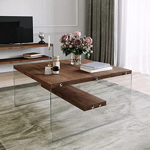 Locelso Couchtisch | 100% Kiefer Massivholz | 8mm Dicke | Gehärtetes Glas