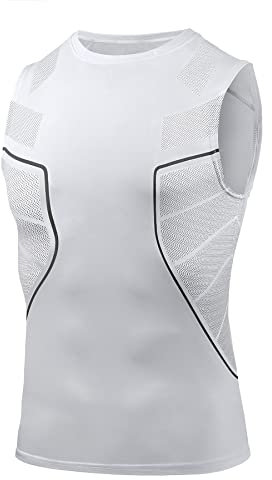 AMZSPORT Débardeur de Compression pour Hommes T-Shirt sans Manches Gilet de Gymnastique pour Course à Pied à Séchage Rapide, Blanc L