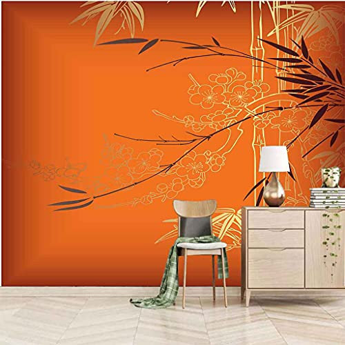 FVGKYS Carta Da Parati Adesiva Muro Adesivo Murali Bambini Motivo A Foglie Di Bambù Arancione Hd Personalizzata 3D Murali Decorazione Casa Cucina Camera Letto Autoadesivo Carta Parati Regalo 350x256cm