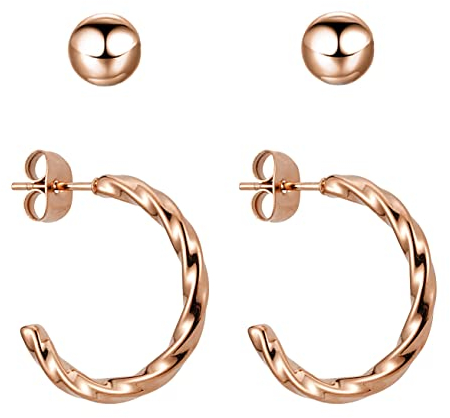 BONNYBIRD® Creolen Rosegold Ohrringe Damen Edelstahl Set Gedreht Geschwungen Ohrstecker Hoops Klein Frauen Wasserfest Schmuck Vergoldet Hypoallergen Chirurgenstahl Medizinisch