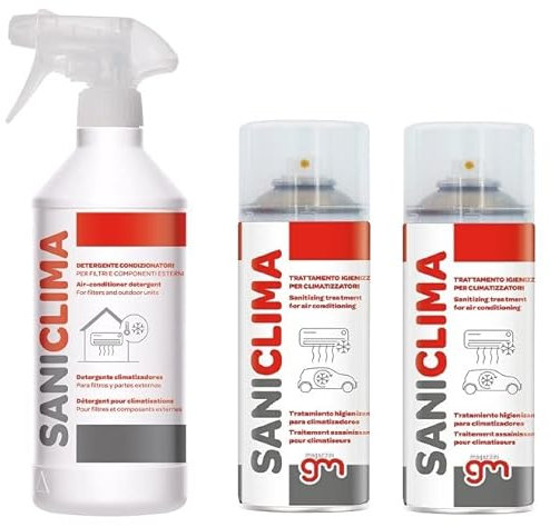 MagazziniGM SANICLIMA, Kit Sanificazione Climatizzatori, Detergente 750ml + Igienizzante 400ml, Made in Italy, Alcolico, Profumato, Trasparente (Kit Igienizzante x 2 Pz + Detergente)