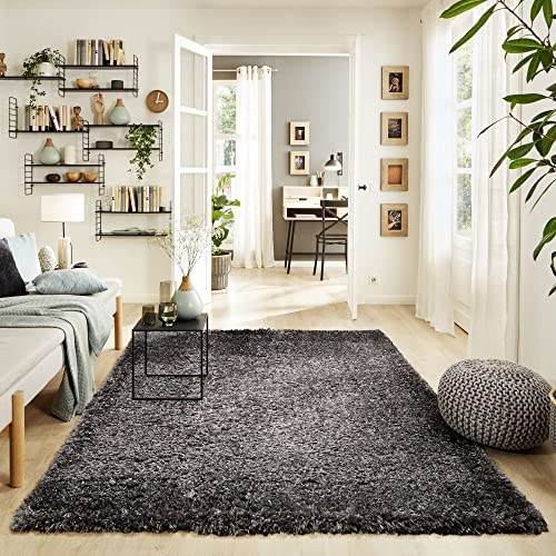 Steffensmeier Hochflor Teppich Jolly | Shaggy Langflor Teppich Wohnzimmer, Schlafzimmer, Anthrazit, Größe: 240x290 cm