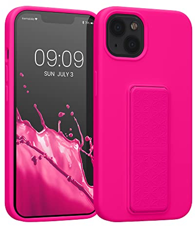 kwmobile Case Compatible with Apple iPhone 13 - Case with Hand Strap and Stand Soft TPU Silicone Coating - Neon Pink