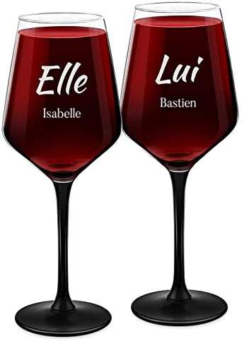 Maverton Ensemble de 2x Verre a vin pour Couples - Verres gravés pour mariage 370 ml - Verres à pied noir pour jeunes mariés - Souvenir Mariage - Cadeau Personnalisé - Cadeau Couple - Ensemble