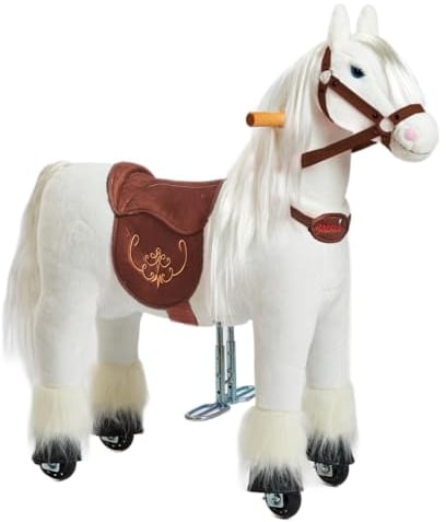 PONNIE Reitpferd mit Rollen Tiara S (3-6 Jahre), Spielpferd zum Reiten mit Abnehmbarer Braun Sattel und Halfter mit Zaumzeug, Kämmbare Mähne und Schwanz, Plüschpferd zum Reiten für Kinder