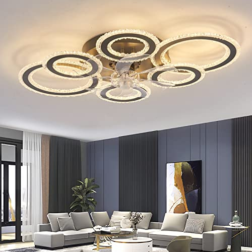 ycwdcz Plafoniera con Ventilatore Integrato, Anello Cristallo Lampadario con Ventilatore da Soffitto Estate Inverno Reversibile Dimmerabile DC Ventilatore Soffitto con Luce e Telecomando, Nero