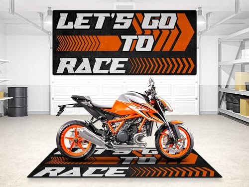 wibeart MPM Motorradmatte für KTM „Let's Go to Race“, waschbar, rutschfest, öl- und wasserabweisend, für die Nutzung in Garage, Ausstellungsraum und Werkstatt | Größe 2: 102 x 47/260 x 120 cm