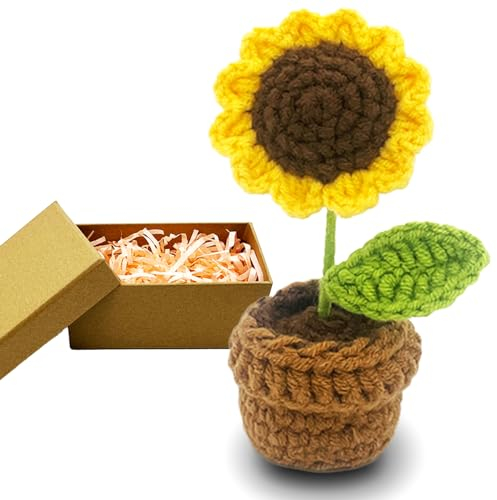 HeDaKang Geschenke für Frauen Gehäkelte Blumen Geburtstag für Familien, Freunden, Kollegen Handgemachte Gestrickte Sonnenblumen Kunstpflanze Abschiedsgeschenk Büro Auto Deko