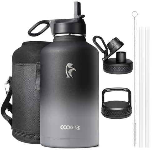 Isolierte Wasserflasche 2L, Coolflask Wasserflasche mit Strohhalm & 3 Deckeln, Isolierte Wasserflasche aus Edelstahl für Sport oder Büro, Doppelt auslaufsicher, Schwarz & Grau