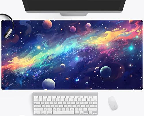 Cute Galaxies Desk Mat Aesthetic Outer Space Desk Pad, Purple Anime Space Mouse Pad XXL, Dark Blue Cosmos Gaming Deskmat, Large Kawaii Keyboard Mat, Fun Office Decor Desk Accessories 31.5x15.75