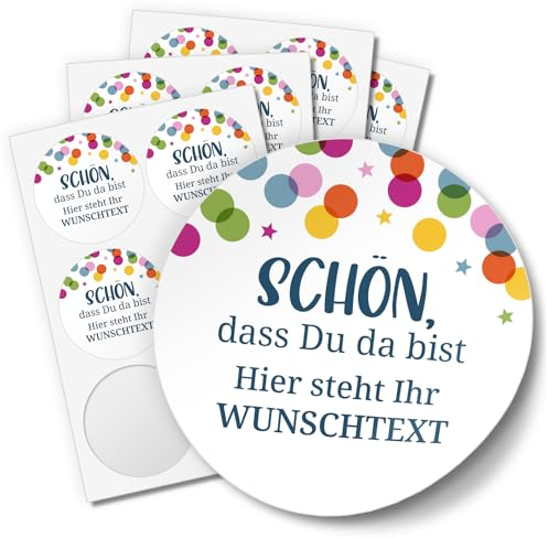 24 PERSONALISIERTE Aufkleber Schön dass Du da bist individualisiert Wunschtext Etiketten Gastgeschenk rund 4cm Design 12