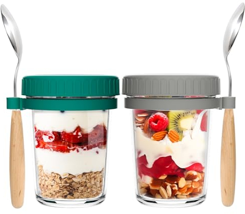 2 Pack Overnight Oats Jars with Lids and Spoon, 350ml Airtight Breakfast Jars with Measurement Marks, 12oz Chia Seed Pudding Container for Salads Cereal Cereal Milk Porridge Fruit Yogurt, Grey& Green