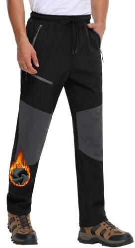 MOCOLY Pantalon Randonnée Doublé Polaire Hiver Homme Pantalons Softshell Cargo Chaud pour Ski Snowboard Moto Neige VTT Chasse Travail avec Anti Ronce Noir M