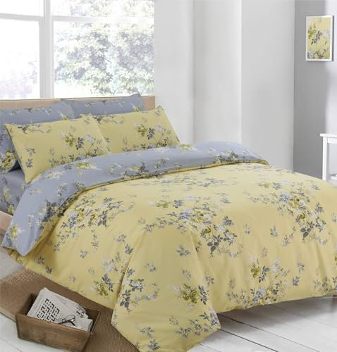 Charlotte Andersen Summer Floral Single Duvet Cover Set Easy Care Blossom Reversible Bedding Set Ochre Yellow Grey (Yellow, Single)