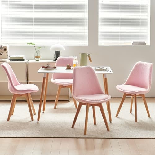 FURNITABLE Esszimmergruppe Esstisch mit 4 Stühlen Essgruppen, Rechteckig 110cm Küchentisch-Set und 4er Set Esszimmerstühle für Wohnzimmer Küche Büro (Weiß Tisch+4 Rosa-Lammwolle Stühle)
