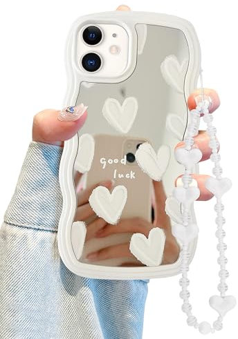 Jusy Compatible with iPhone 11 Case with Wavy Edge, Cute White Heart Mirror Curly Phone Cases, Shockproof Hard PC & Soft TPU Bumper Protection Cover for Women Girls with Bracelet Chain