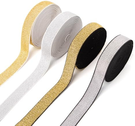 Sxutop 4 Rollen Gummiband Glitzer Breit 25 mm Gummiband Polyester 5 m Lang Glitzerband Elastisches Einfassband Glitzer Gummibänder zum Nähen Zierband für Kleidung Zubehör Handgemacht (Silber, Gold)