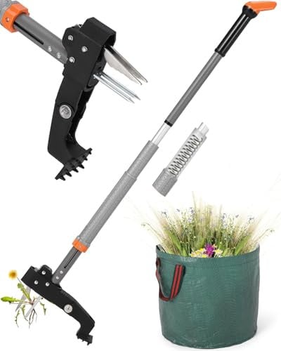 HAUSPROFI Unkrautstecher mit Stiel Teleskop (Länge 91 CM-117 cm) + 50L Gartensack, Unkrautausstecher mit 4 Edelstahl Krallen, Automatisches Zurückspungsdesign