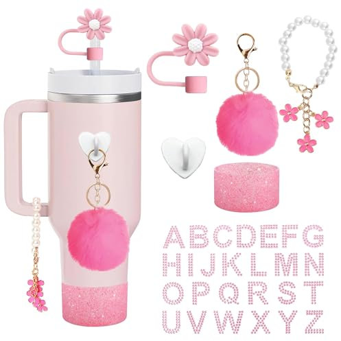 6 Pcs Accessories Set for Cup,Includs Protective Silicone Cup Boot Personalized Name Letter Stickers Straw Topper Water Bottle Pearl Hangings,Charms for Cup Tumbler 30/40oz