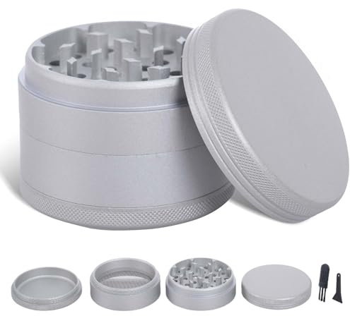 TIRIRS 2.5 Inches 4 Pieces Premium Herb Grinder - Aluminium Large Spice Grinder with Pollen Catcher,Nano Ceramic Coated Spice Mill,Comes with Pollen Scraper and Cleaning Brush,Silver.