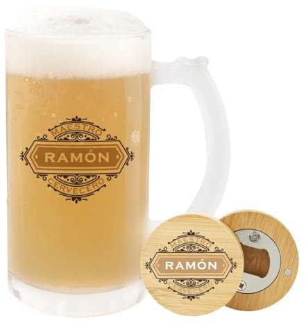 Pack Jarra de cristal personalizada y abridor de madera personalizado. Jarra de cerveza y abridor de madera personalizados. Regalos para padres. Regalos originales para hombres. (Maestro Cervecero)