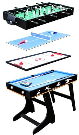 Izzy Multifunktionstisch Fußball 4 in 1, klappbar, mit Zubehör, Tischfußball, Billardtisch, Tischtennis, Speed Hockey, Familienspiel, Geschicklichkeitsspiel Kinder, Maße: 122 x 60 x 79 cm