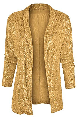 XINGFEN Maglione Donna,Blazer con Paillettes da Donna A Maniche Lunghe con Collo A Scialle Cardigan Glitterato Bomber Cappotto Aperto sul Davanti Spolverino per Serate Ballo di Fine Anno Oro XL