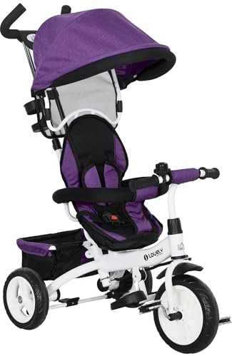 HOMCOM Tricycle bébé évolutif 6 en 1 vélo Poussette bébé avec poignée de poussée, auvent Amovible, Ceinture de sécurité à 5 Points, Rangement, Repose-Pieds, Frein, pour Enfants de 1 à 5 Ans, Violet