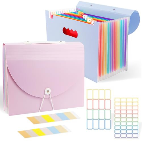 2 Stück Dokumentenmappe A4 13 Fächer, Fächermappe Sortiermappe Bunte Datei Ordner Regenbogen Aktenordner Ordner Akkordeon Design A4 Größe Grosse Kapazität Wasserdicht Materia mit Deckel, 4 Etiketten