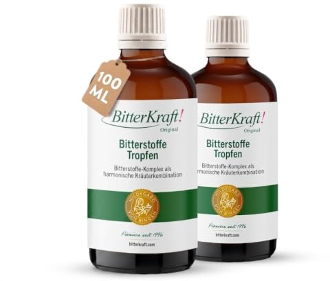 BitterKraft! Gocce di amare biologiche originali, 2 x 100 ml, secondo Hildegard von Bingen, 9 erbe amare selezionate, stimolano la digestione, gocce di bitto ad alto dosaggio, 100% naturale, vegano