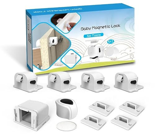 Payiz Baby Magnetic Cabinet Locks No Tools Installation 4 Magnetic Locks 4 Lock Catchers Magnetic Key and Holder Strong 3M Adhesive Child Safety Kit