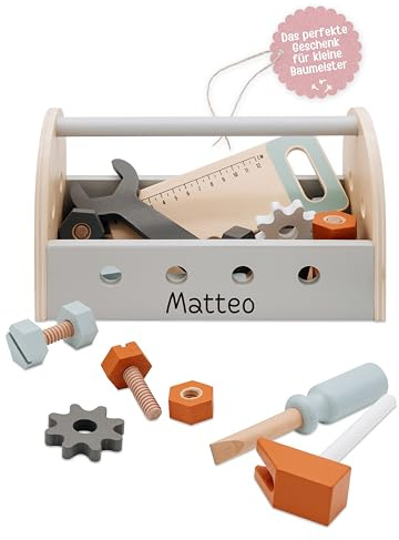wunderwunsch Werkzeugkoffer Kinder Holz, Tryco Werkzeugkasten Spielzeug Set | Pädagogisches Montessori Werkzeug für Kleinkinder ab 1 oder 2 Jahre, tolle Kiste und Werkbank als Geschenk für Jungen