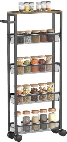 HOMCOM Küchenwagen Servierwagen mit 5 Ebenen 47 x 13 x 96,5 cm Schwarz | Schmaler Rollwagen Küchenregal, Arbeitsplatte in Holzoptik, Rollen, Griff, Metallrahmen, für Esszimmer