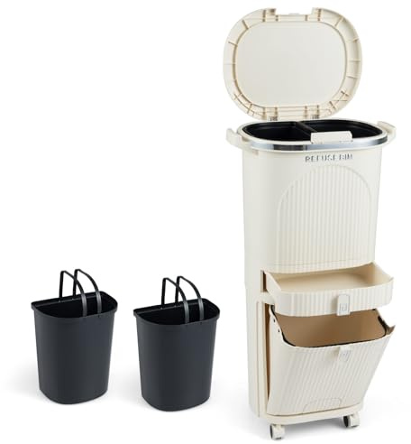 COSTWAY Cubo de Basura de Reciclaje 42L (12+12+14+4) L, Cubo de Basura Cocina con 3 Compartimentos, 2 Cubos Extraíbles, Cajón, Pedal y Ruedas, Papelera Cocina, Limpieza Fácil, 43 x 29 x 83 cm, Beige