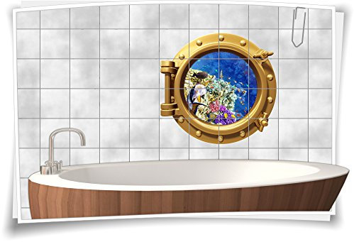 Fliesenaufkleber Fliesenbild Fliesen Bullauge Fische Wasser Meer Aquarium Bad, 50x50cm, 20x20cm (BxH)