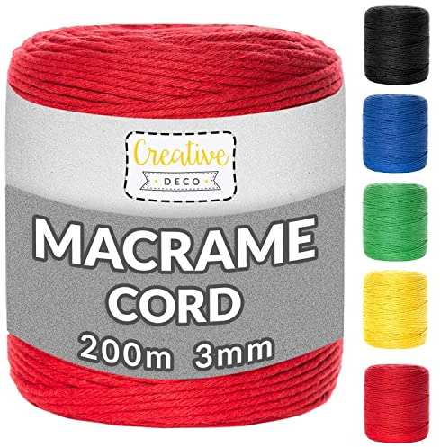 Creative Deco 200m Rot Makramee Garn 3mm | 656 Fuß | 15-lagig Schnur | Baumwollgarn Baumwoll Kordel Große Rolle Naturliche Stark | Macrame Cord 3mm für Basteln, DIY, Handwerk & Boho Deko