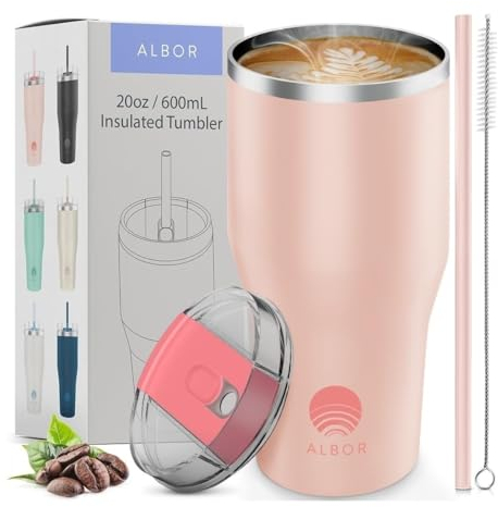 ALBOR Mug Isotherme Cafe avec Paille 20oz/600ml - Mug Thermos Isotherme - Tasse Isotherme Café - Gobelet avec Paille et Couvercle - Tumbler avec Paille - Travel Mug - Paillettes Or Rose